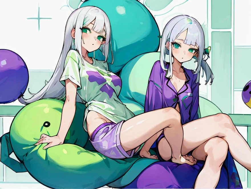 2 girls, big butt and flat chest, large breasts and small butt, white hair with green bangs, white hair with purple bangs, Loose T-shirt, pajama-style tight shorts, cuteness, blue eyes, green eyes, Embarrassment, crossed legs, sitting