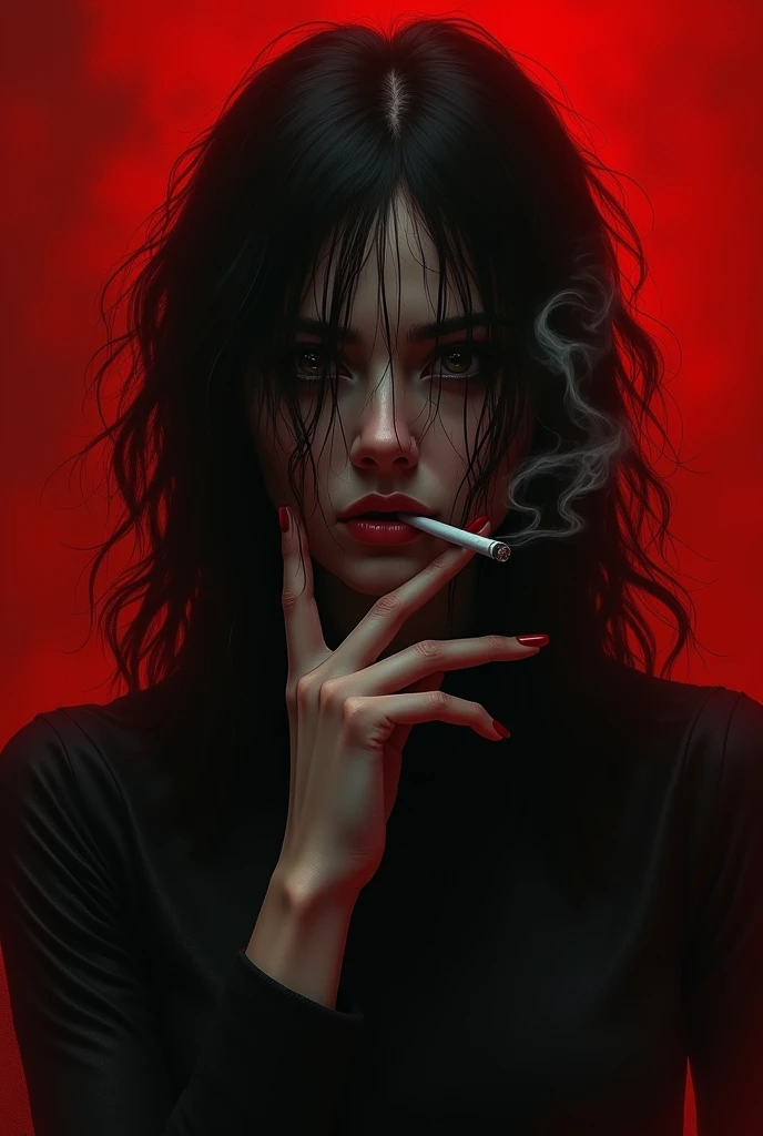 woman smoking, hair on the face, background red, MACABRO