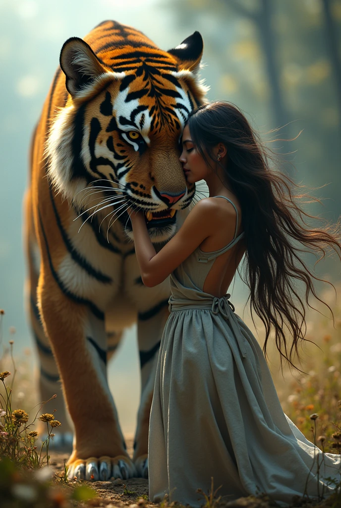 A giant wild saber-toothed tiger protects a beautiful primitive cyberpunk girl The girl hugs the tiger.
(Master parts: 1.5) (photorrealistic: 1.1) (bokeh) (Best quality) (The skin、pores、Detailed texture of hair: 1.1) (complex) (8k) (hdr) (Wallpapers) (Cinematic lighting) (sharp focus ) cyberpunk style
