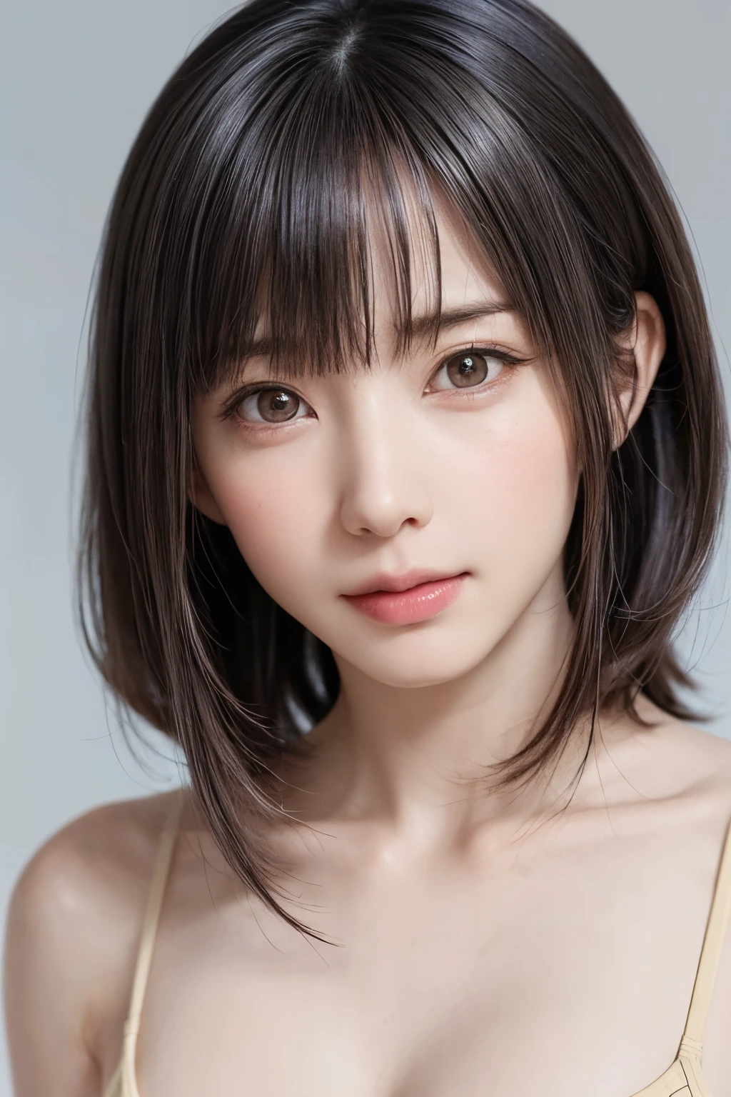 ((masterpiece, Highest quality, High resolution、Realisticですべてが美しく詳細に描かれている)), 1 person, (Realistic: 1.4), alone, White Background, snow-White Background, Mouth closed, smile, smile, Beautiful black hair, short hair, Big eyes, Transparent double eyelids, eyelash, Listen carefully, Long neck, 美しくLong neck, Absolute area, ((Face close-up)), (Draw the whole head, shoulder), 19 years old, Attractive proportions, Glowing Skin, Beautiful clavicle, Golden ratio face, Perfect Face, Teardrop-shaped mole, chestのほくろ, bangs, clean bangs, beautiful bangs, Lip gloss, Thin lips, Fair skin, naked, Big Breasts, {Huge|big|Hugeな|Mega} chest:2, chestの谷間:2,chestの谷間を見せる、Small face, Small face, All the heads are painted, shoulder all drawn, Point slightly above the camera