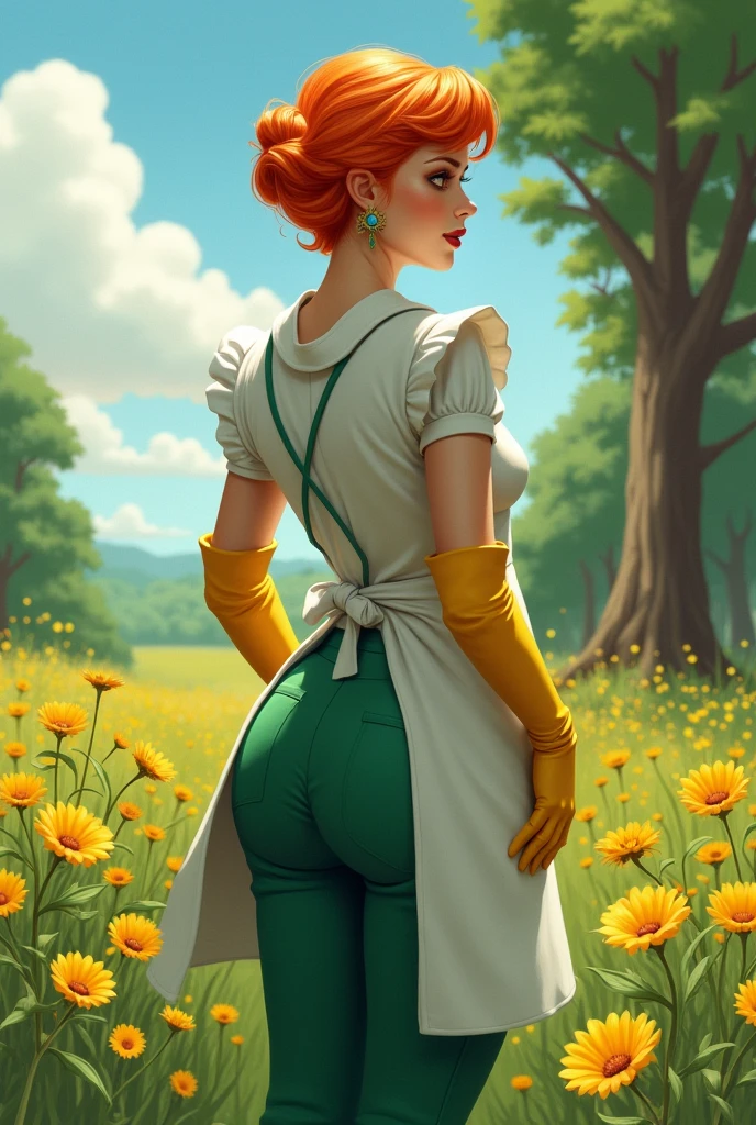 (masterpiece, Best Quality:1.2), mother (dexter's laboratory), 1 girl, Alone, apron, jewelry, earrings, gloves, old, Wide hips, make up, Lipstick, thick thighs, curves, shirt, large old,thighs, short hair, Orange hair, short sleeves, mature woman, Lips, yellow gloves, elbow gloves, green pants, flower, outdoor, yellow flower, tree, standing, field, grass, nature, sky, day, cowboy shot, forest, scenery , (((take it from behind)))