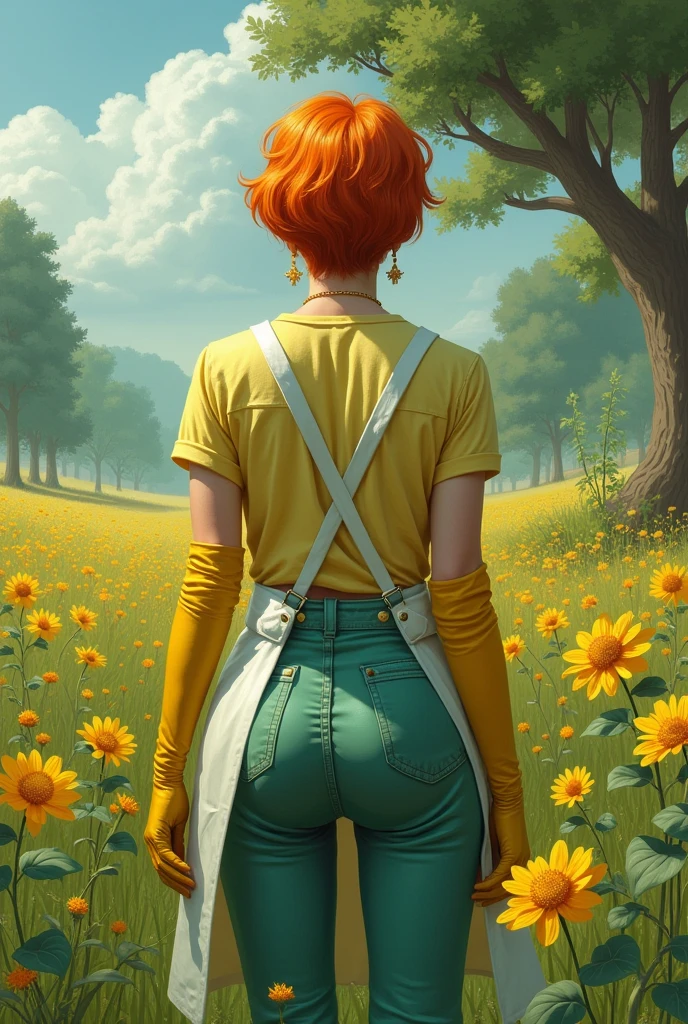 (masterpiece, Best Quality:1.2), mother (dexter's laboratory), 1 girl, Alone, apron, jewelry, earrings, gloves, old, Wide hips, make up, Lipstick, thick thighs, curves, shirt, large old,thighs, short hair, Orange hair, short sleeves, mature woman, Lips, yellow gloves, elbow gloves, green pants, flower, outdoor, yellow flower, tree, standing, field, grass, nature, sky, day, cowboy shot, forest, scenery , (((take it from behind)))
