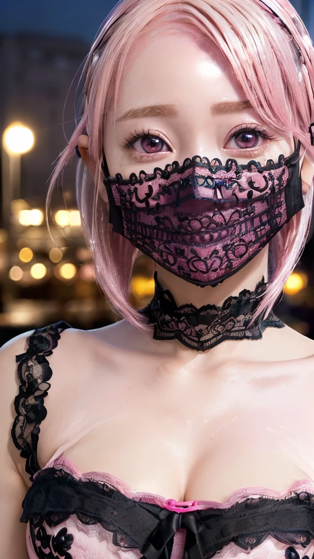 (4K quality:1.3),(Highest quality:1.3),(albino),(Whitening),(:1.3),rich,Upper Body,smile,Overflowing breasts,(jewelry),Captivate a man,(Con Cafe:1.5),(Celebrities:1.4),(thin:1.2),(Tight waist:1.4,(Night viewの良いホテル:1.1),(luxury:1.2),(Arisa Hanyu:1.5),(anorexia:1.4),(Night view:1.3),(Close up on face),Catchlight,(smile:1.1),(:1.5),(Pink Hair:1.6),(Short Hair),(Deep pink eyes:1.4),(2D cuteness:1.5),(Cute Makeup),Beautiful fingertips,Black lace collar,(black lace mask:1.3),(Big Breasts:1.5)
