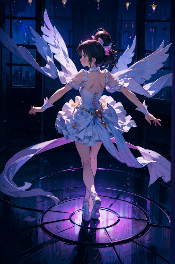 Puella Magi Madoka Magica Art style, magical girl. melancholy phantom ballerina performing a haunting ballet on a moonlit stage. Character design sheet.