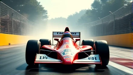 Ayrton Senna racing on a Formula 1 track, with him in the background of the image also to represent the whole track, The image needs to be large and landscape for a banner strip that will be lying down 446 wide and 250 high.