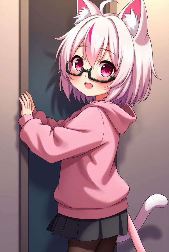 I have pink white hair, cat ears, a bow, My face is super blushing, black glasses, pink heart eyes, a big pink sweatshirt, a skirt under her skirt a black short, black stockings, White shoes, a cat's tail, A very shy girl I'm hitting you against a wall grabbing her butt