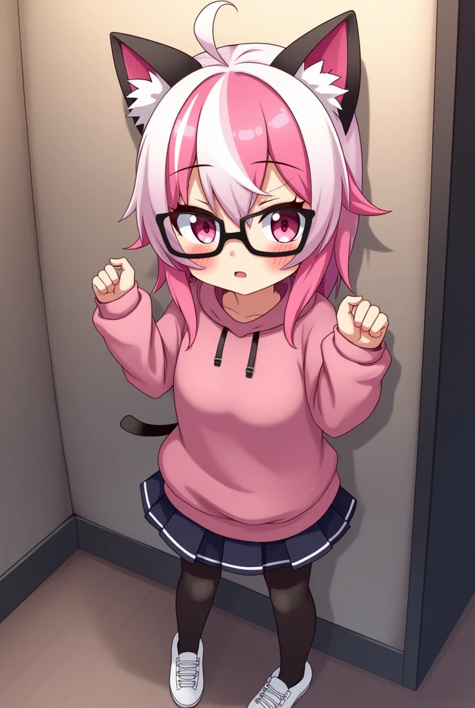 I have pink white hair, cat ears, a bow, My face is super blushing, black glasses, pink heart eyes, a big pink sweatshirt, a skirt under her skirt a black short, black stockings, White shoes, a cat's tail, A very shy girl I'm hitting you against a wall grabbing her butt