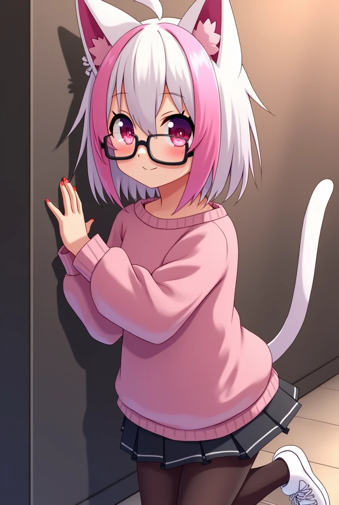 I have pink white hair, cat ears, a bow, My face is super blushing, black glasses, pink heart eyes, a big pink sweatshirt, a skirt under her skirt a black short, black stockings, White shoes, a cat's tail, A very shy girl I'm hitting you against a wall grabbing her butt