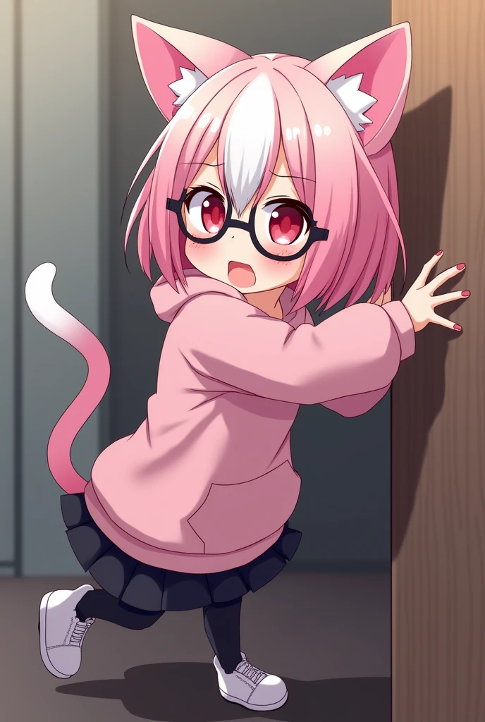 I have pink white hair, cat ears, a bow, My face is super blushing, black glasses, pink heart eyes, a big pink sweatshirt, a skirt under her skirt a black short, black stockings, White shoes, a cat&#39;s tail, A very shy girl I&#39;m hitting you against a wall grabbing her butt