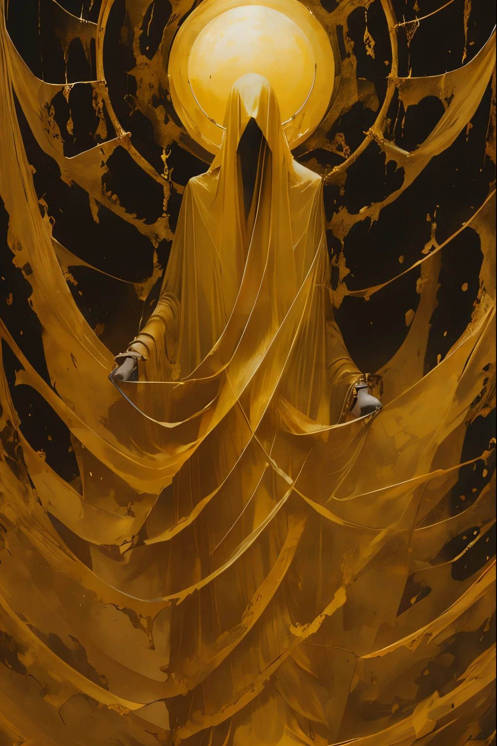 a demon, pale yellow skin, gaunt, very slender/lanky, crown of horns protruding from scalp, mischievous, large boney feet, long boney fingers, wearing vibrant yellow shawl, tattered yellow poncho, aged yellow cloth wrapped around torso and pelvis, very boney physique, nimble, yellow cowl over head, bright yellow veil covering face, very thick veil, veil covering eyes and mouth, veil obscuring face completely, no visible face, trickster, mischievous body language, skeletal body, dry gaunt flesh, crouching stance, crouching, bent legs, bending toes, arms splayed out to the sides, trickster god
