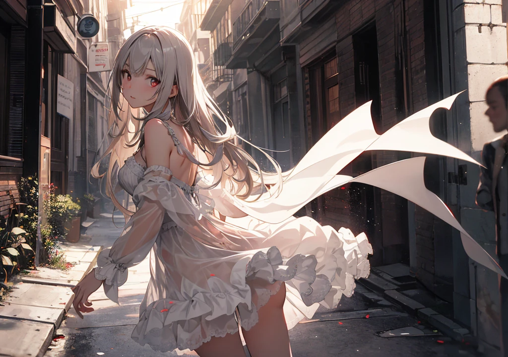 Realistic photos, Focus distance 10mm, Red and white, Beautiful girl, Realistic photos, Shooting at focus distance 10mm, masterpiece, 最high quality, high quality, Very detailed CG 8k wallpaper unit, Award-winning photography, Depth of written boundary, High resolution, bloom, chromatic aberration, Realistic, Very detailed, Art Station Trends, CGsociety Trends, Complex, High detail, dramatic, Art on the go, volumetric lighting, A beautiful girl in a sheer white dress walks like a floating ghost down the corridors of an old Western-style building. Her long hair sways gently, her eyes are blank, and mist hangs over the background