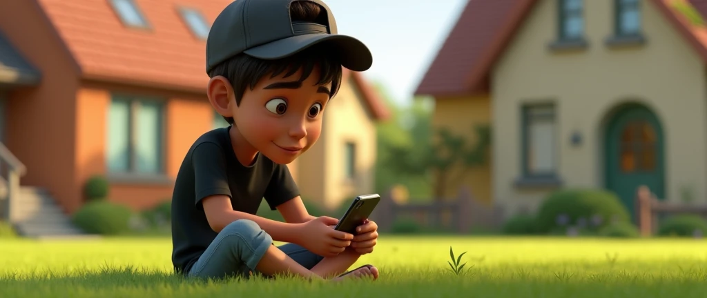  ( male character) a young boy animated movie in the Disney Pixar style, high qualiy, best qualityer , beautiful face brown skin, short straight hair , beautiful eyebrow , wears black shirt , wears a backwards cap, is messing with her smartphone, sitting on the grass of your house , adolescent 