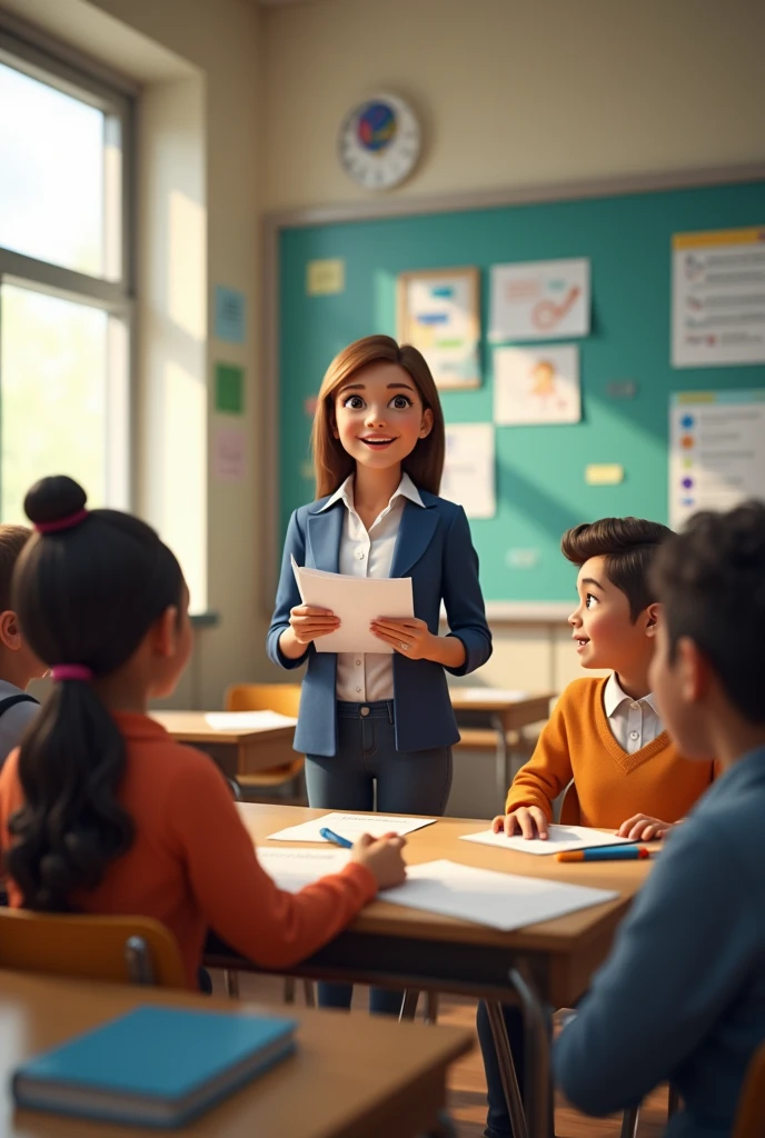 Image of a classroom , a teacher giving homework to the students 