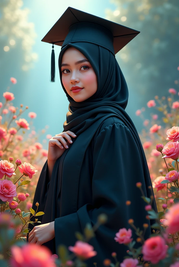 A , wearing hijab, wearing black graduation hat, in black graduation gown,  flowery background, blue flowery effect, summer effect lighting