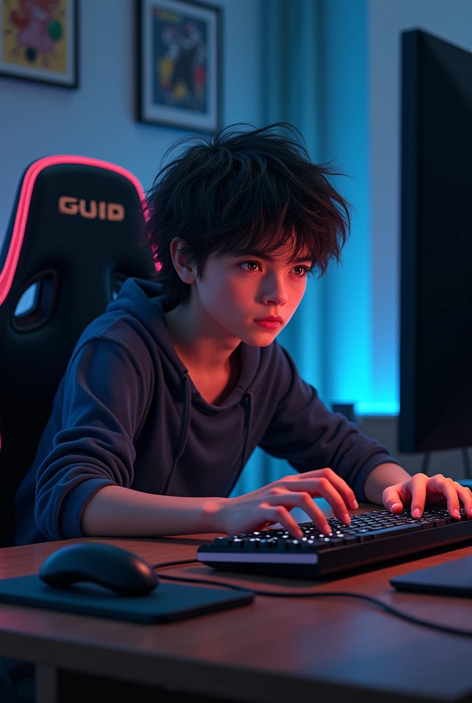 A teenage boy with dark hair playing on the computer in a gaming chair with the room in the background and seen in front of the computer