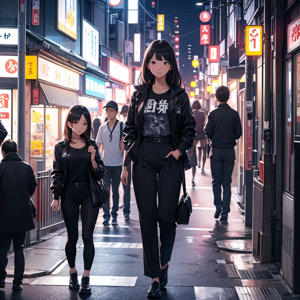 A woman in slightly fitted clothing is looking to the side in Tokyo at night. She must look 19 years old.