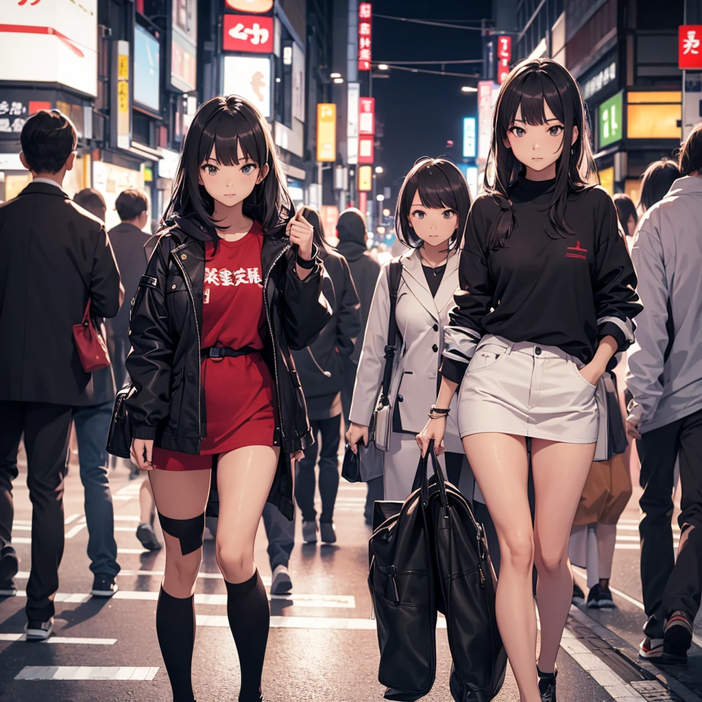 A woman in slightly fitted clothing is looking to the side in Tokyo at night. She must look 19 years old.