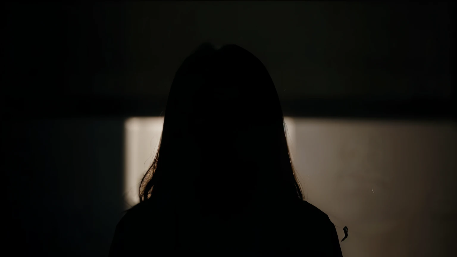 A penetrating look of a woman filled with fear and despair, reflecting a threatening shadow behind her, dark background with a faint glow outlining the shadow's silhouette, 16:9 --v 5 --ar 16:9 --style psychological