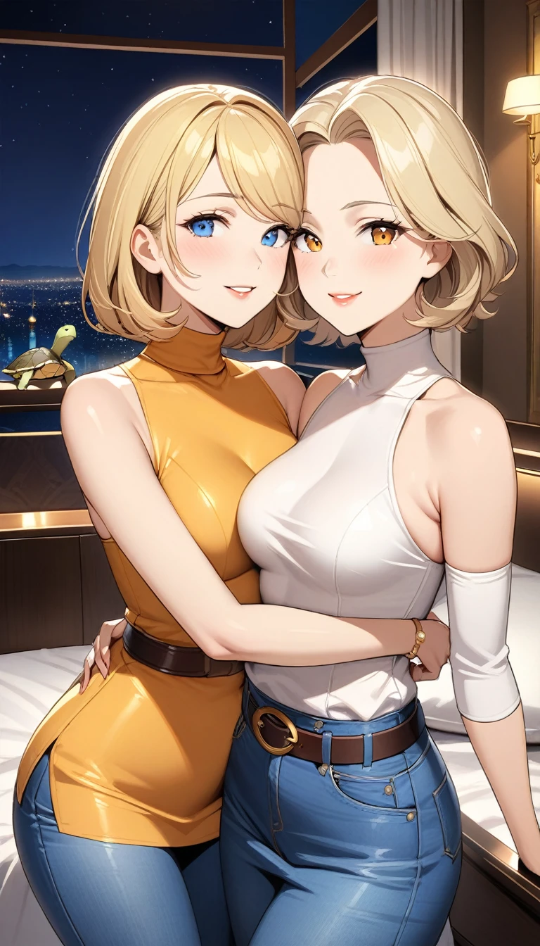 Two beautiful ladies ((lady 1: 45y old mom, with short straight blonde hair with blue eyes and caucasian skin, wearing Tight Denim Skirt and Leather Belt, Sexy Turtle Neck Mid Sleeves Blue Blouse)), ((lady 2: 20y old daughter, with short straight blonde hair with blue eyes and caucasian skin, wearing Tight Denim Skirt and Leather Belt, Sexy Turtle Neck Short Sleeveless Yellow Orange Blouse)), ((lady 1: 45y old mom wearing luxurious jewelry, 18k gold wedding ring on left hand)), standing in their bedroom at night, mother hugging and kissing her daughter from behind, (light brown lipstick), (elegant mascara), (slim body), (small breasts), (wide hips), endjourney, <lora:GoodHands-, <lora:GoodLegs-, UHD, high resolution, (expressive eyes, perfect face, full body, expressive face, perfect body, perfect pussy, athletic, fit, slim body, blushing, Perfect makeup, eyeliner, beautiful eyelashes, smiling, horny face), ((best illumination, best shadows)), ((sexy pose))