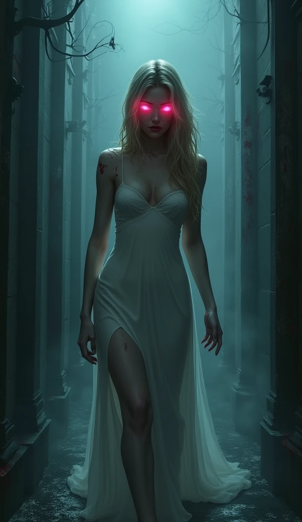 fantasy comic art fog hiding female vampire, you only see a pair of glowing pink glowing eyes )) full body picture, (((the fog hides the face))), red lips, busty, stains of blood, blond hair, vampire teeth: 1.5) white glamour dress, you see only the glowing eyes , you see only the pair of eyes, fantasy dark alley background, the fog fills the alley, you see only the glowing eyes