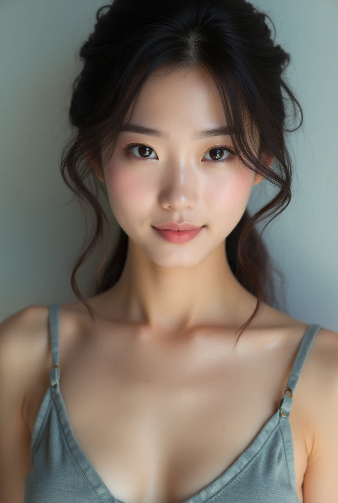 (((One person,alone))),(Highly realistic photos, High resolution, Detailed face, Beautiful Eyes) Japanese women, 30 years old, Modern beauty standards, Nice body, Isoyama Sayaka,Healthy Body,Thighs、turn over、Depth of written boundary,、Narrow eyes,Light Smile、Studio shot