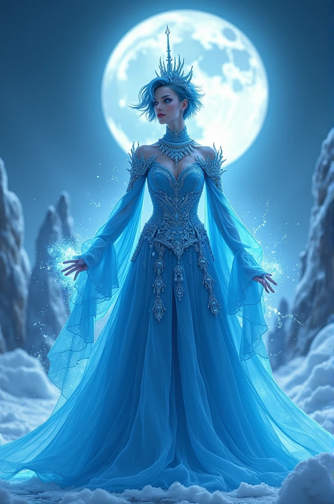 nuit, ((1 fille)), alone, head of'artwork, Background'8k screen, high resolution, absurdists, high quality background, Cheveux courts, black har, multcolored hair, Magnificent frozen village, (full bright moon), Robe bleue, detailed dress, Jewelry Dress, (Magic:1.2), blue firey, blue eye, yeux brillants, firey, ice goddess, (Beautiful detailed blue crown), electricity, blue electricity, blue light particles