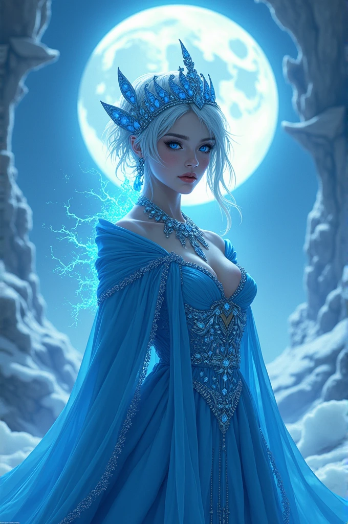 nuit, ((1 fille)), alone, head of'artwork, Background'8k screen, high resolution, absurdists, high quality background, Cheveux courts, black har, multcolored hair, Magnificent frozen village, (full bright moon), Robe bleue, detailed dress, Jewelry Dress, (Magic:1.2), blue firey, blue eye, yeux brillants, firey, ice goddess, (Beautiful detailed blue crown), electricity, blue electricity, blue light particles
