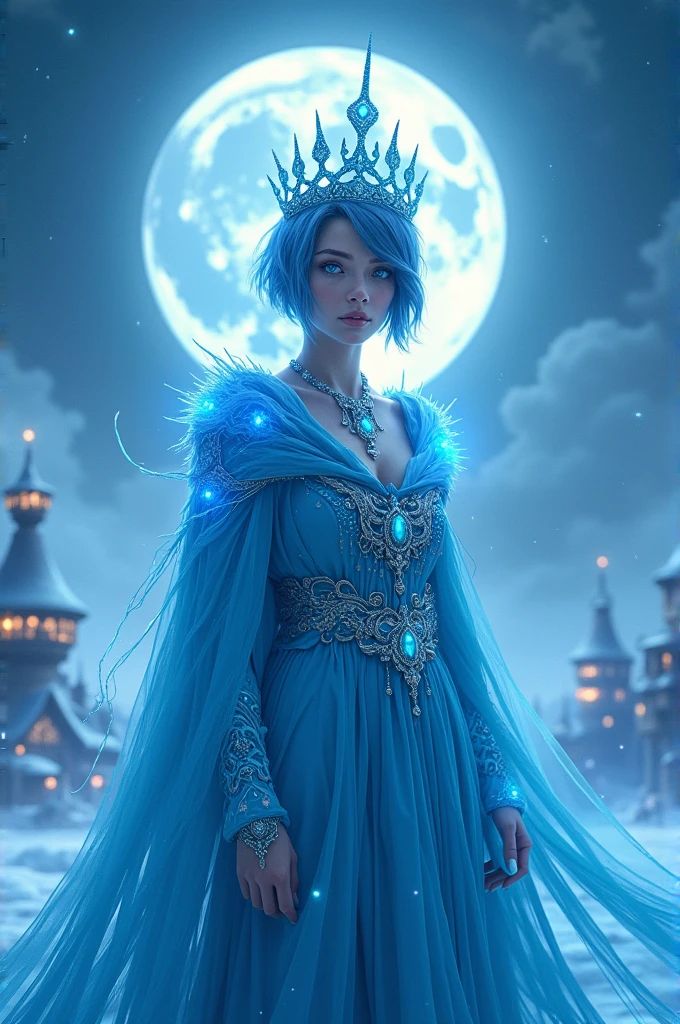 nuit, ((1 fille)), alone, head of'artwork, Background'8k screen, high resolution, absurdists, high quality background, Cheveux courts, black har, multcolored hair, Magnificent frozen village, (full bright moon), Robe bleue, detailed dress, Jewelry Dress, (Magic:1.2), blue firey, blue eye, yeux brillants, firey, ice goddess, (Beautiful detailed blue crown), electricity, blue electricity, blue light particles