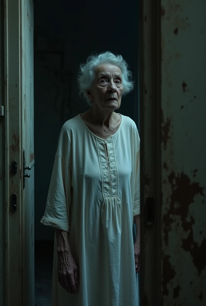 The house has a dark background, the old mother in a white dress with a sad expression on her face is seen alone in the gloomy house, while the door is slammed shut by his in a red shirt, wide side, full body, realistic, 4k