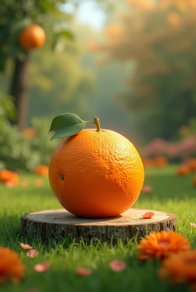 Realphotos, Photography, 65° viewing angle, Realistic light and shadow, En plein air, Close-up, lawns, The orange,Sunnyday, simple background, Flowers, green trees, realistic detail, 4K HD images, Round platform::2,