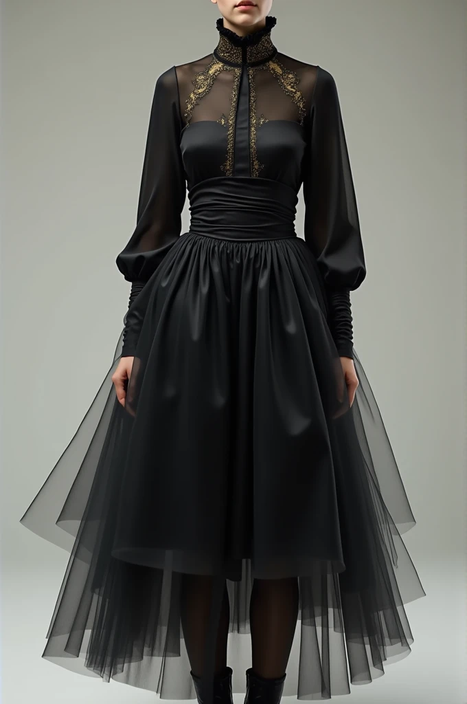 Black long-sleeved blouse with gold details and a full tulle skirt with tights and ankle boots