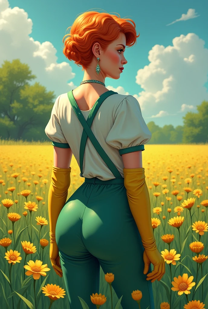 (masterpiece, Best Quality:1.2), mother (dexter&#39;s laboratory), 1 girl, Alone, apron, jewelry, earrings, gloves, old, Wide hips, make up, Lipstick, thick thighs, curves, shirt, large old,thighs, short hair, Orange hair, short sleeves, mature woman, Lips, yellow gloves, elbow gloves, green pants, flower, outdoor, yellow flower, tree, standing, field, grass, nature, sky, day, cowboy shot, forest, scenery , (((take it from behind))) (((round ass)))