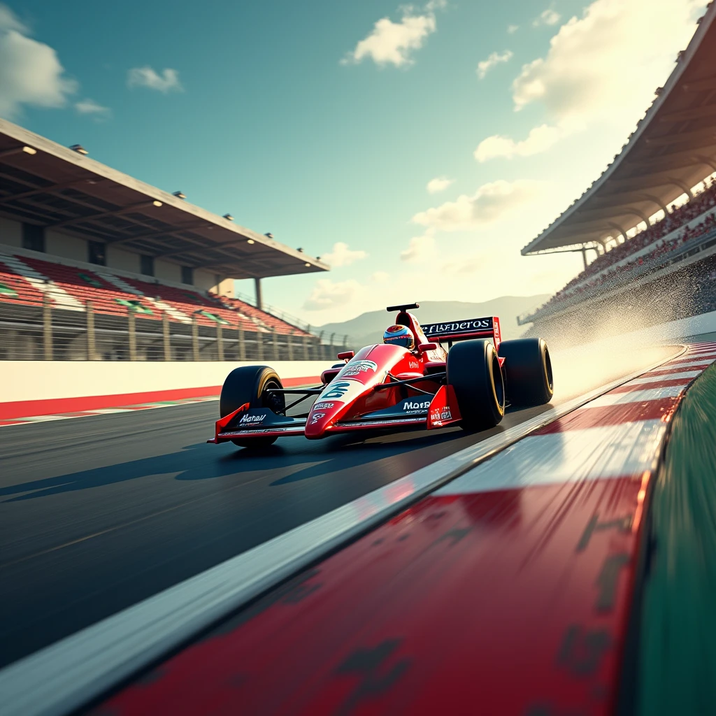 Ayrton Senna racing on a Formula 1 track, with him in the background of the image also to represent the whole track, The image needs to be large and landscape for a banner strip that will be lying down 446 wide and 250 high.