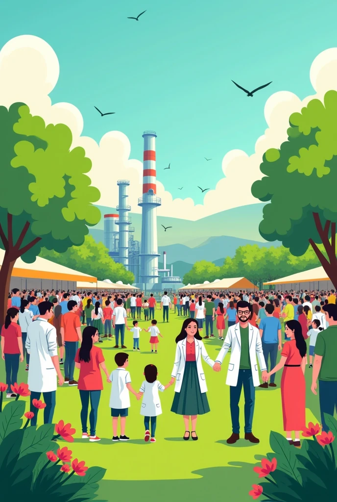 crete an image of a visit of parents of laboratory workers in a refinery of Ecopetrol , in barrancabermeja. Include laboratory workers with white coats, children, wifes, housband, parents, toon, vivid color, specially green , not detailed, called "ECO FEST", toon