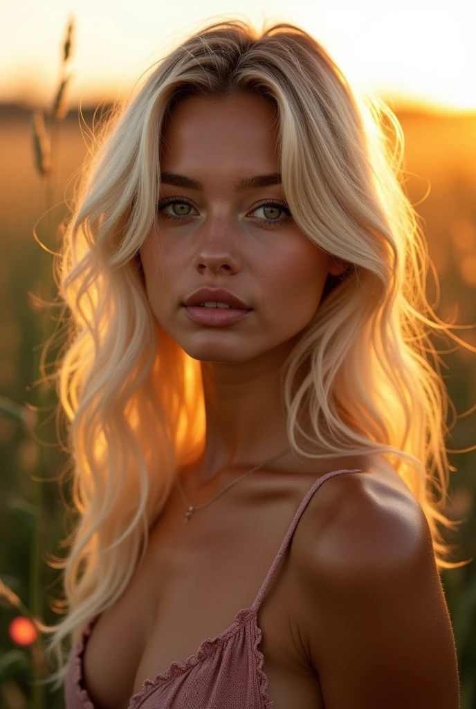 Une jeune et belle femme de 20 ans, coiffure long cheveux blonds, grands yeux verts regard perçant, à la peau claire, gros seins parfait naturelles, Debout dans un champs L'environnement est éclairé par des lumières chaudes et agréables..,fais briller tes cheveux, Son visage était naturellement serein., lèvres avec rouge à lèvres, Texture 8k, très détaillé, réaliste, lumière douce et cinématographique, HDR, netteté, chef-d'œuvre, Fotor est réaliste, photographie primée, un Canon EOS R5, 35 millimètres