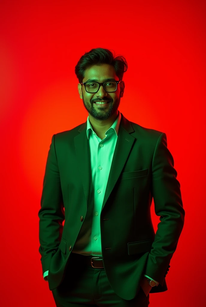 (A Bangladeshi suit wearer his suit color is green and his age will be 26 and he will have no beard on his glasses posing for likeedin red light in background