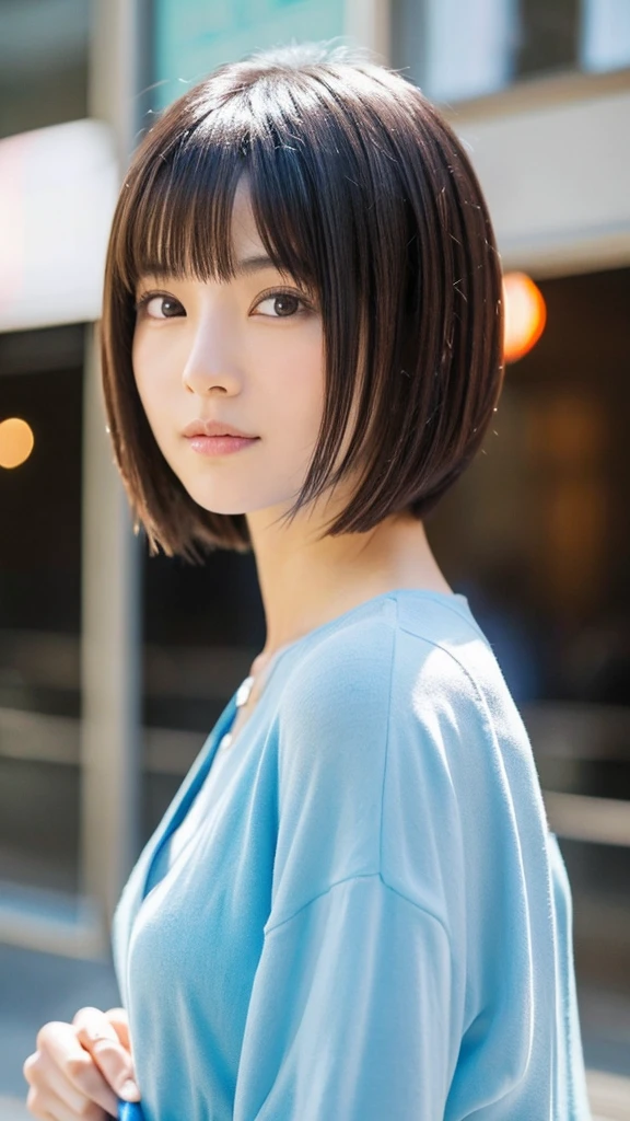 Beautiful Japanese Women，Very short bob hairstyle，Here&#39;s a hint, Wearing a large sweater，Wearing a necklace. Focus on the upper body and face, Shooting from above. Simple and unobtrusive background. This photo shows、It expertly accentuates her large breasts., Maintaining an elegant image. The woman looks directly at the audience., Convey a calm and attractive look. Soft lighting, The focus is on the soft features of the face and the texture of the sweater..