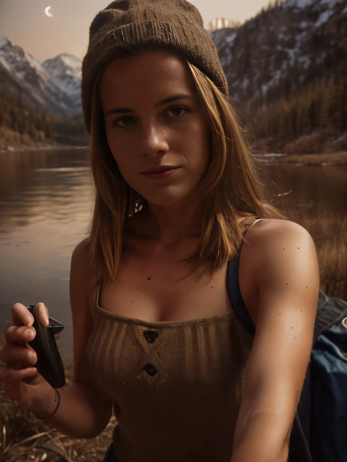 VeronicaCipher ((upper body selfie, happy)), masterpiece, best quality, ultra-detailed, solo, outdoors, (night), mountains, nature, (stars, moon) cheerful, happy, backpack, sleeping bag, camping stove, water bottle, mountain boots, gloves, sweater, hat, flashlight, forest, rocks, river, wood, smoke, shadows, contrast, clear sky, analog style (look at viewer:1.2) (skin texture) (film grain:1.3), (warm hue, warm tone) :1.2), close up, cinematic light, sidelighting, ultra high res, best shadow, RAW, upper body, , wearing pullover kodak vision 3,