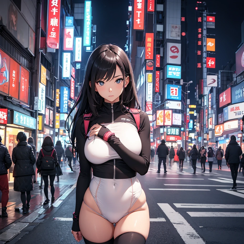 A woman in slightly tight clothing is looking to the side in Tokyo at night. The street is empty. She must look 19 years old. 