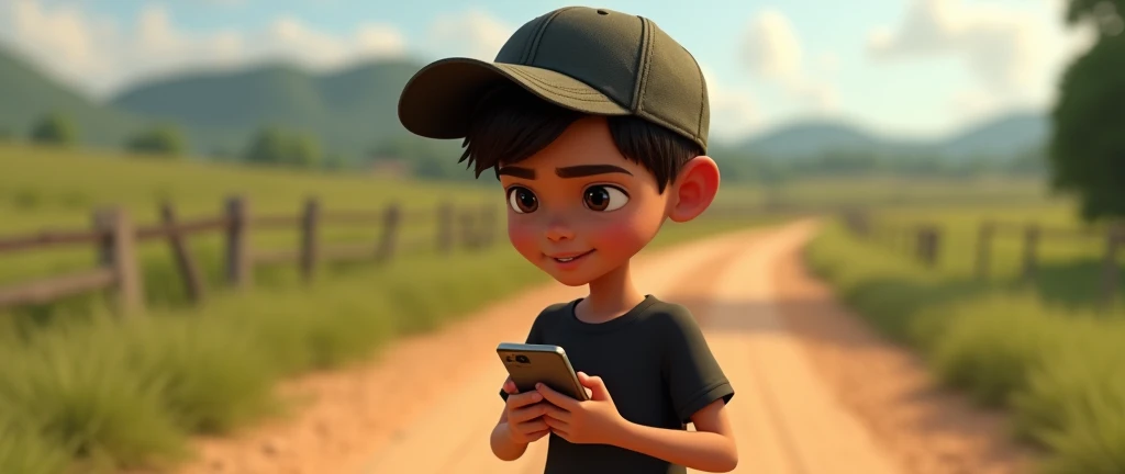 ( male character) from a young boy's animated movie in the Disney Pixar style, high qualiy, best qualityer , beautiful face brown skin, short straight hair , beautiful eyebrow , wears black shirt , wears a backwards cap, is messing with her smartphone, walking down a dirt road in the countryside