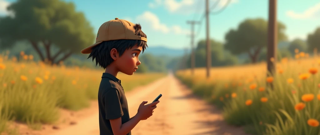 ( male character) from a young boy's animated movie in the Disney Pixar style, high qualiy, best qualityer , beautiful face brown skin, short straight hair , beautiful eyebrow , wears black shirt , wears a backwards cap, is messing with her smartphone, walking down a dirt road in the countryside