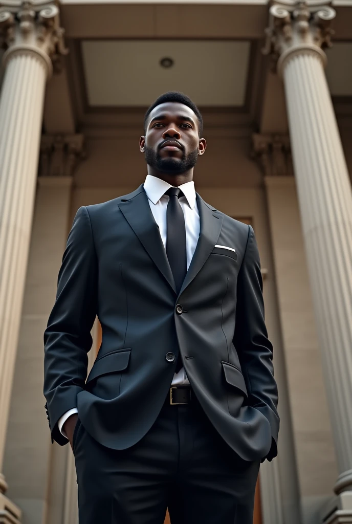 I want you to make a handsome black-skinned man, bank, and measuring 1,82m
