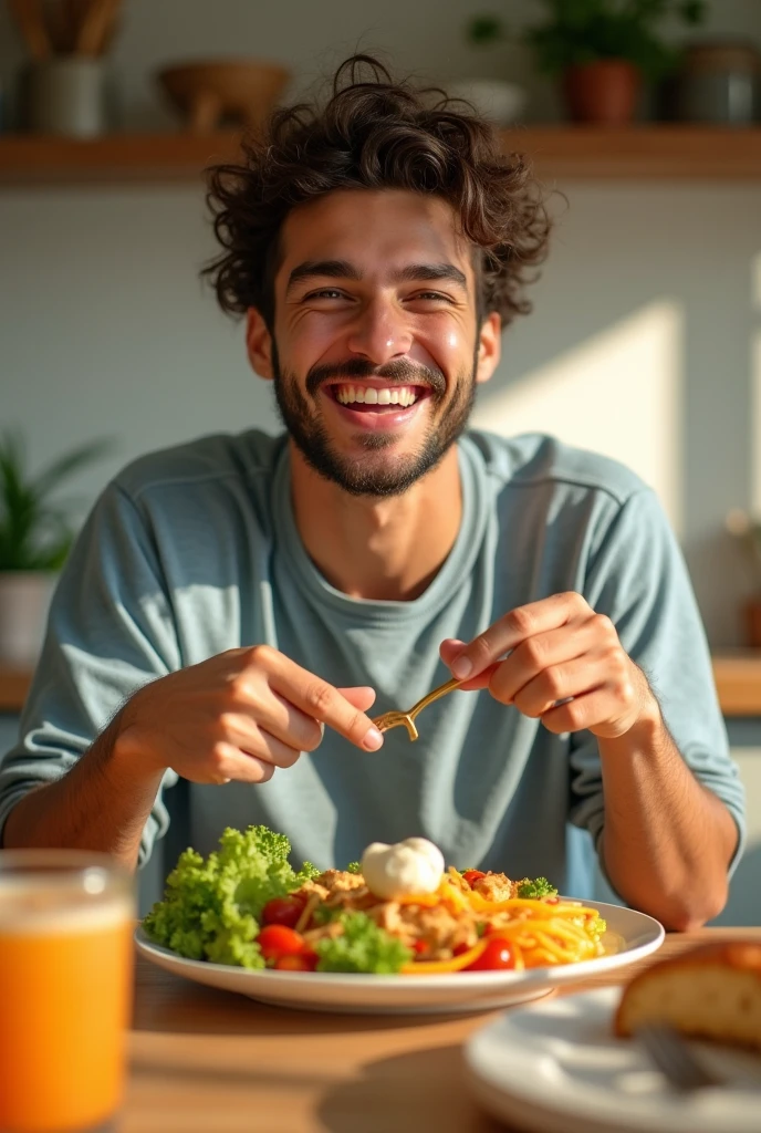 Happy young man eating healthy food