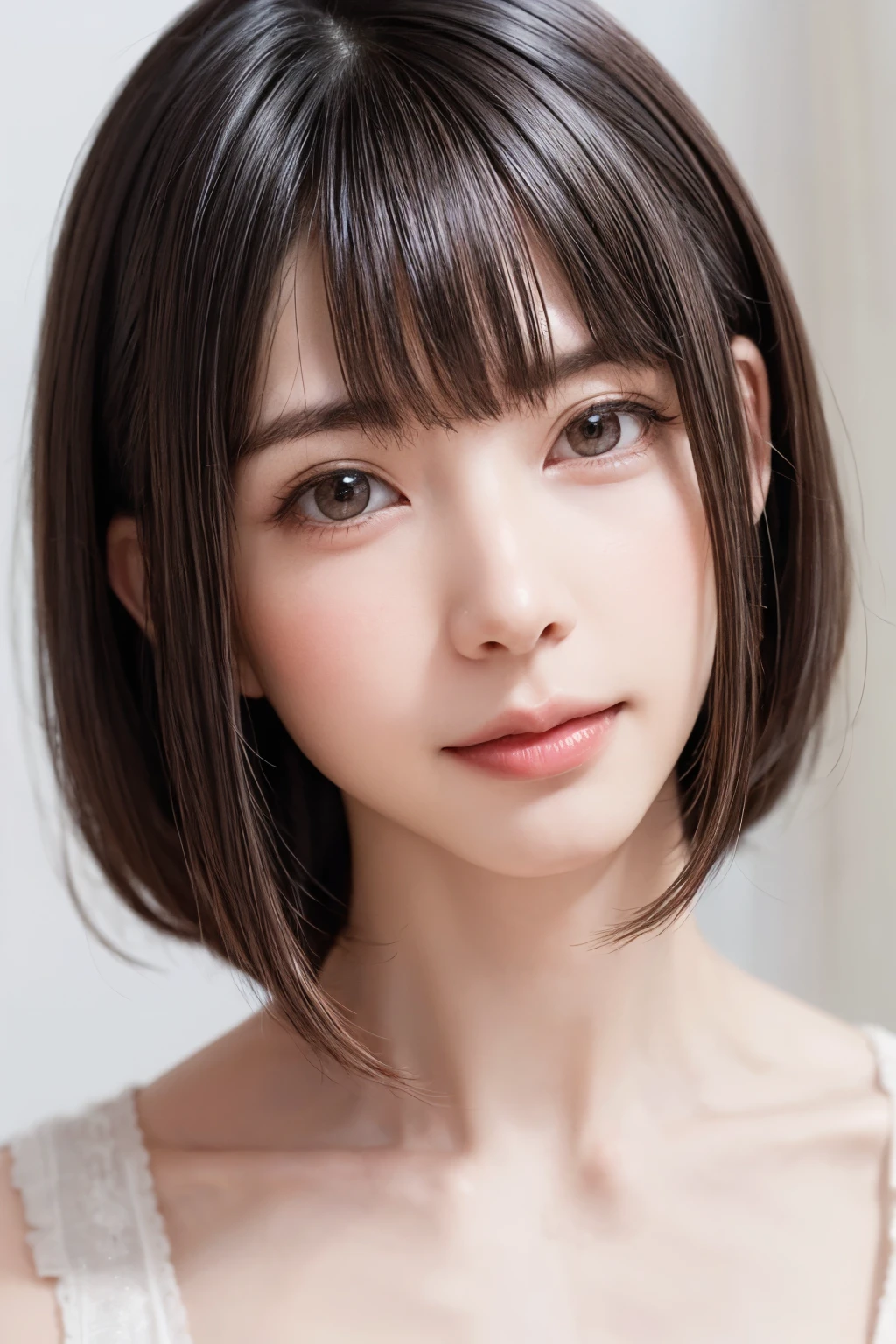 ((masterpiece, Highest quality, High resolution、Realisticですべてが美しく詳細に描かれている)), 1 person, (Realistic: 1.4), alone, White Background, snow-White Background, Mouth closed, smile, smile, Beautiful black hair, short hair, Big eyes, Transparent double eyelids, eyelash, Listen carefully, Long neck, 美しくLong neck, Absolute area, ((Face close-up)), (Draw the whole head, shoulder), 19 years old, Attractive proportions, Glowing Skin, Beautiful clavicle, Golden ratio face, Perfect Face, Teardrop-shaped mole, chestのほくろ, bangs, clean bangs, beautiful bangs, Lip gloss, Thin lips, Fair skin, naked, Big Breasts, {Huge|big|Hugeな|Mega} chest:2, chestの谷間:2,chestの谷間を見せる、Small face, Small face, All the heads are painted, shoulder all drawn, Point slightly above the camera
