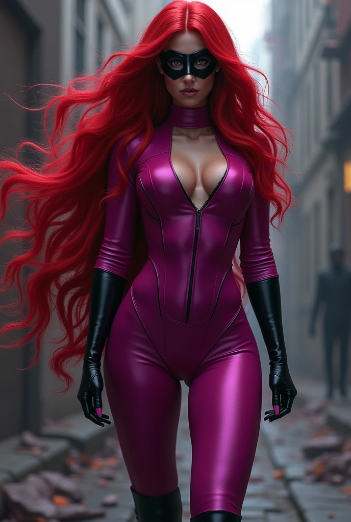 Gorgeous woman with abundant, long, crimson hair that reaches her feet, fuchsia jumpsuit, black gloves and knee-high boots, a black mask covering her eyes, Marvel universe