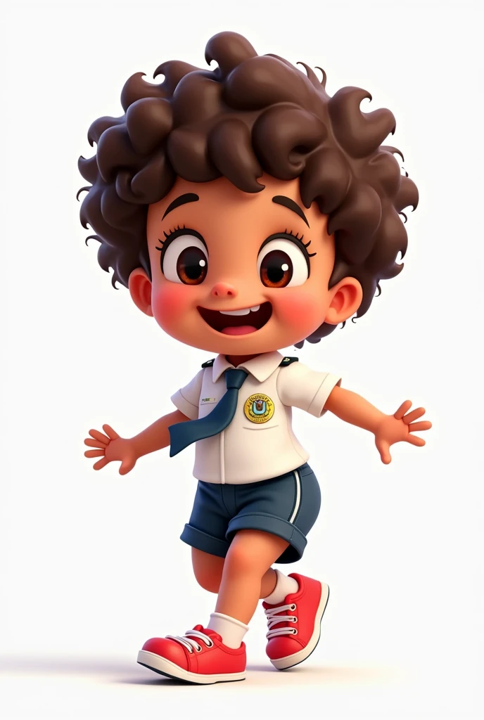 Cartoon character with fun, brown curly hair, 4 years old, dark brown, wearing the uniform of the Suzano City Hall with red sneakers. 
