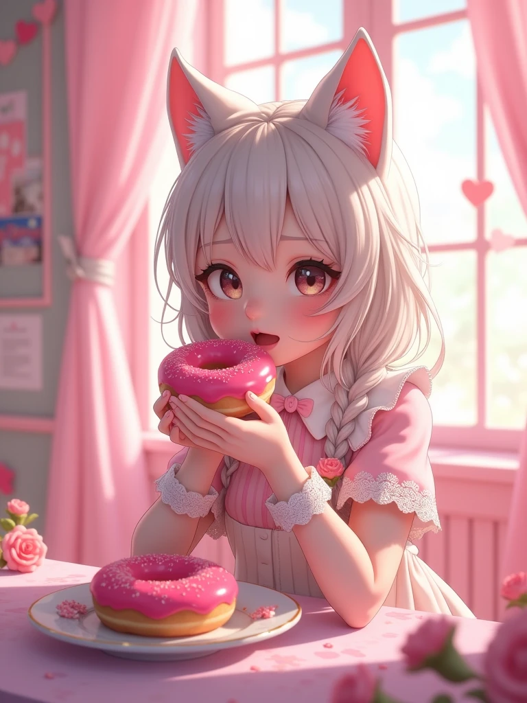 a catgirl eating a pink donuts