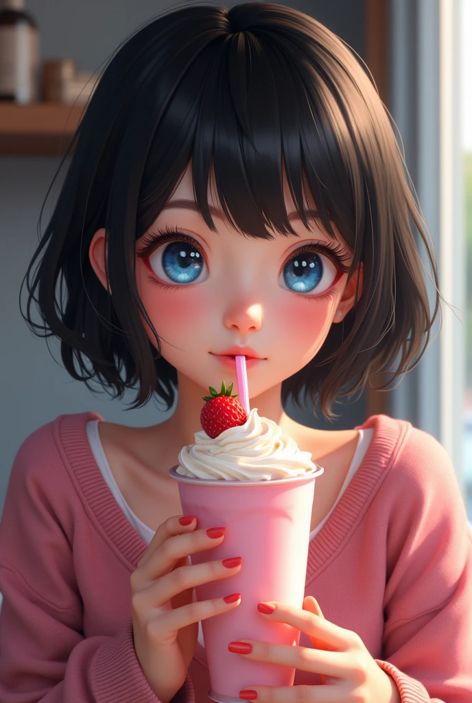 Woman with short black hair and bangs, blue colored eyes, preto sweater, She is drinking a strawberry milkshake., PICTURE REALISTIC, She is happy.
