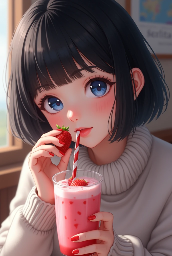 Woman with short black hair and bangs, blue colored eyes, preto sweater, She is drinking a strawberry milkshake., PICTURE REALISTIC, She is happy.