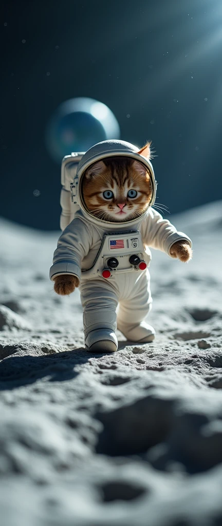 An ultra-realistic, highly detailed image of a cat dressed as an astronaut, walking and floating on the moon. The cat is wearing a miniature spacesuit with a reflective visor, and small boots that leave faint footprints on the lunar surface. The moon's craters and distant Earth are visible in the background, adding a sense of scale and wonder. The image is captured with a Canon EOS 5D Mark IV paired with a 24-70mm f/2.8L II USM lens, ensuring sharp details and a wide field of view. The lighting is soft and diffused, mimicking the gentle glow of the moon's surface, with a subtle rim light highlighting the edges of the cat's spacesuit. The aspect ratio is 9:21, emphasizing the vertical composition